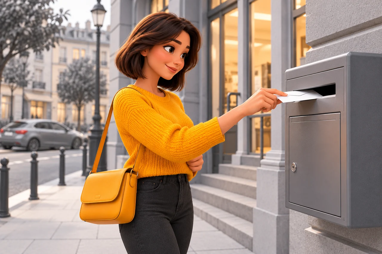Une femme brune aux cheveux lisses coupe au carré dépose une lettre dans la boîte aux lettres d’un bureau de poste.