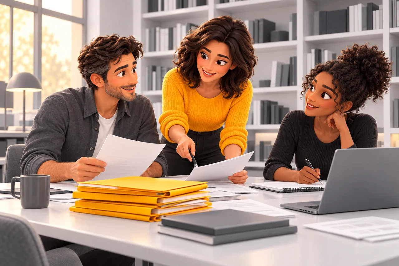Trois adultes aux carnations et coiffures différentes consultent des documents dans une petite bibliothèque lumineuse, une pile de dossiers jaune orangé.
