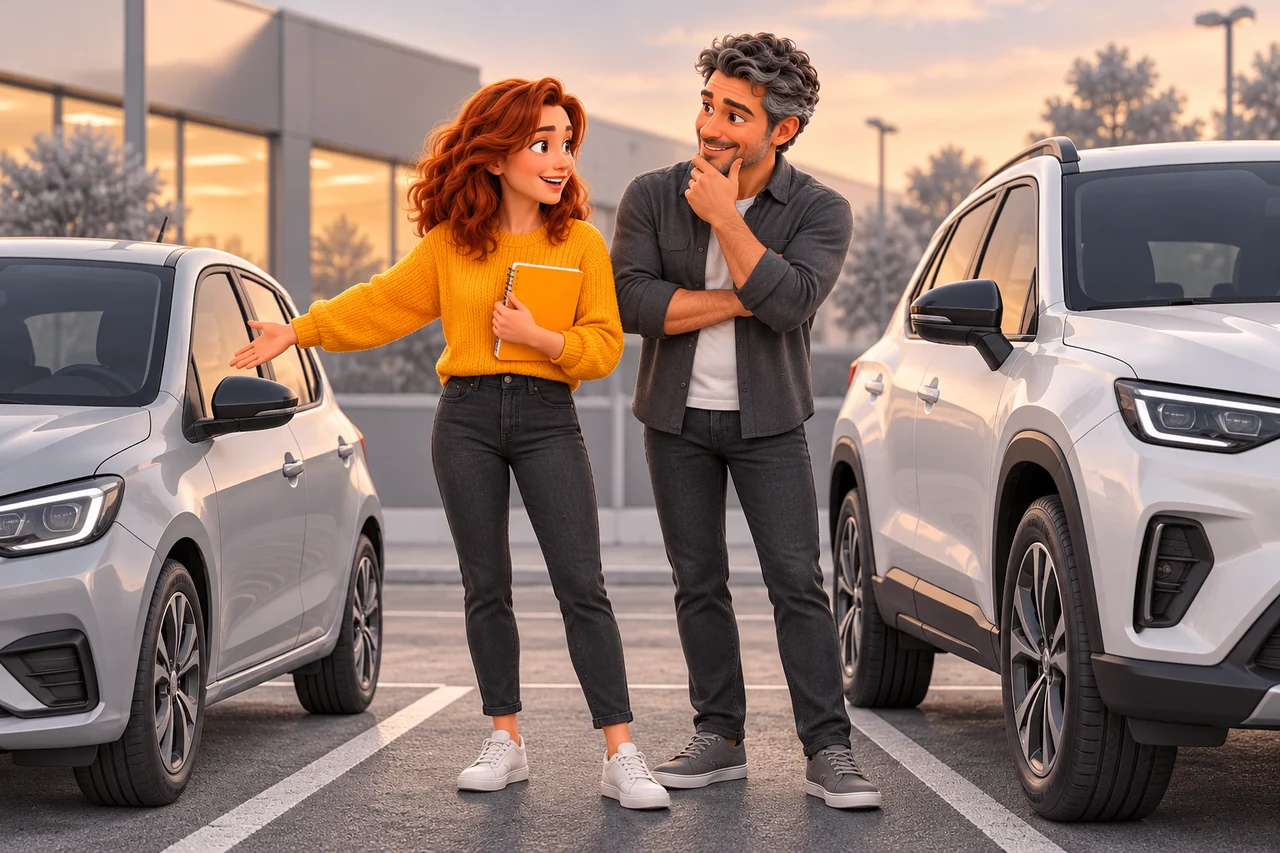 Une conductrice rousse et un conducteur aux cheveux gris regardent deux véhicules de gabarits différents dans un parking.