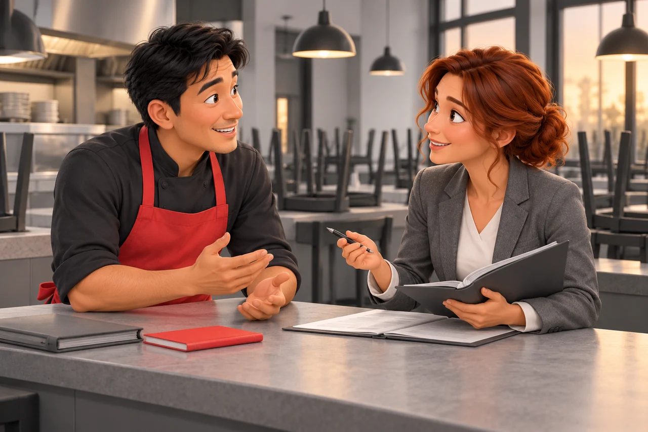 Un restaurateur asiatique aux cheveux courts échange avec une conseillère rousse autour du comptoir fermé de son restaurant.