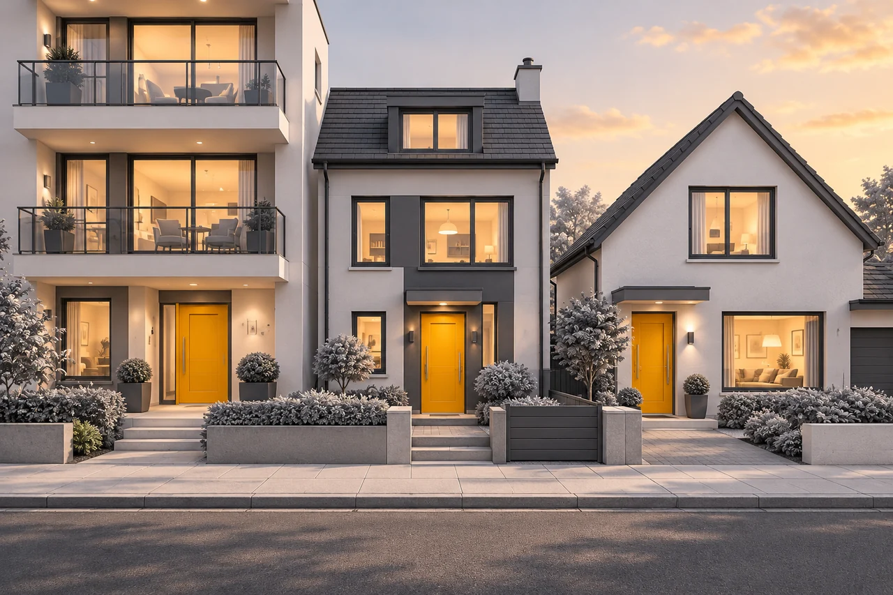 Une rangée de trois logements de types différents, appartement dans un immeuble, maison mitoyenne et pavillon, représentés à échelle cohérente dans une même rue.