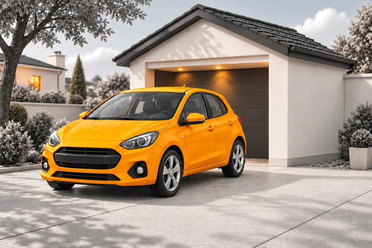 Voiture jaune orangé garée devant un garage éclairé.