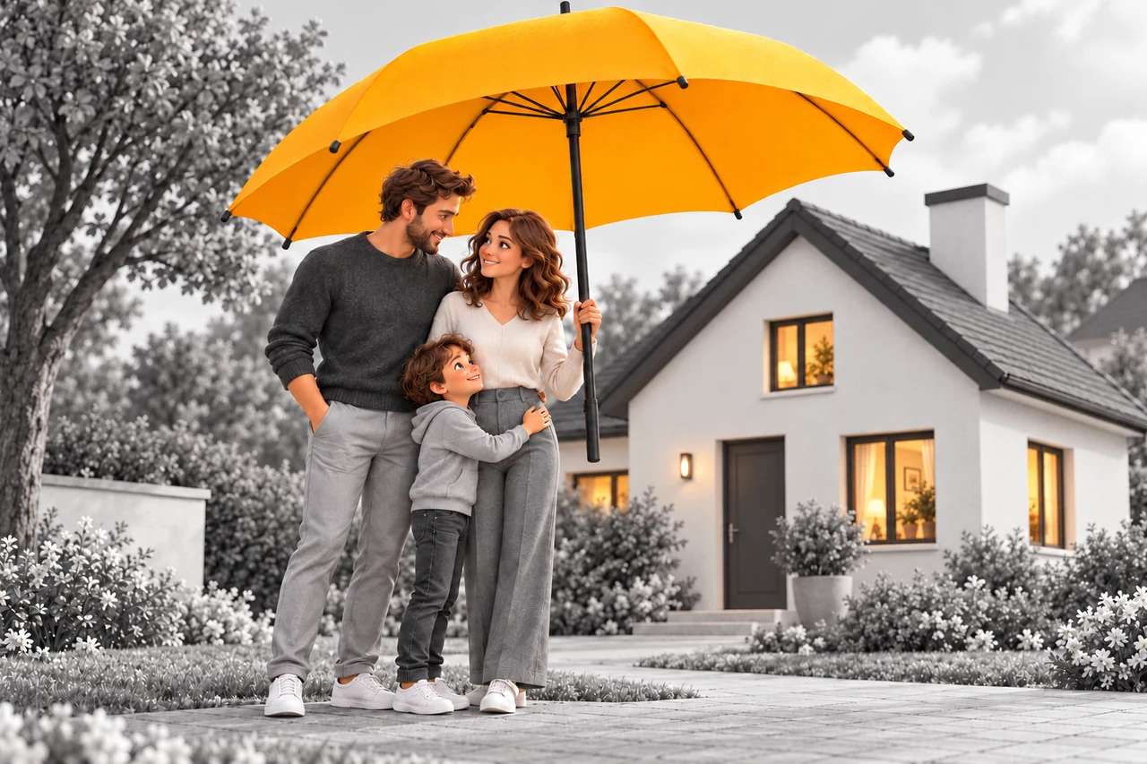 Famille et maison protégées par un grand parapluie jaune orangé.