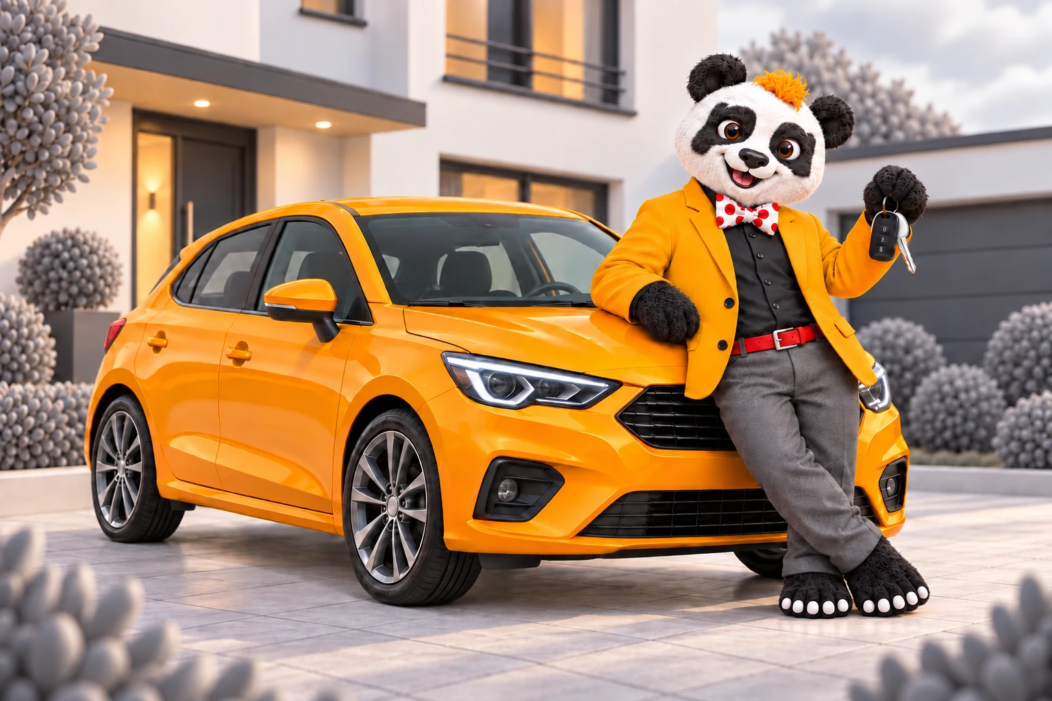 Le panda conseiller, les clés à la main, s’appuie sur une voiture jaune orangé devant une maison aux fenêtres éclairées.