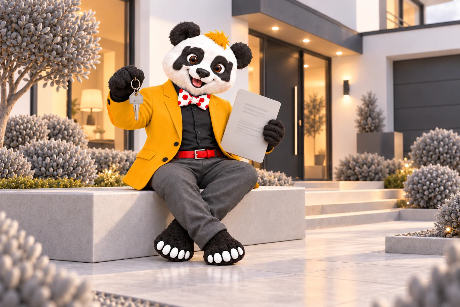 Assis devant une maison éclairée, le panda présente des clés et un dossier.