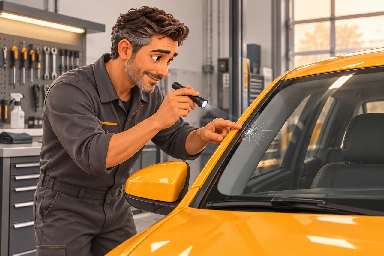 Un professionnel examine une fissure du pare-brise d’une voiture dans un atelier.