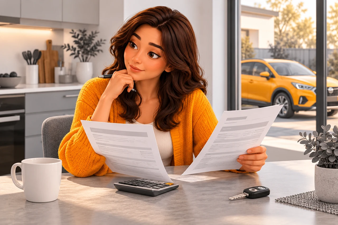 Une conductrice compare des documents d’assurance à une table, avec une voiture jaune orangé visible dehors.