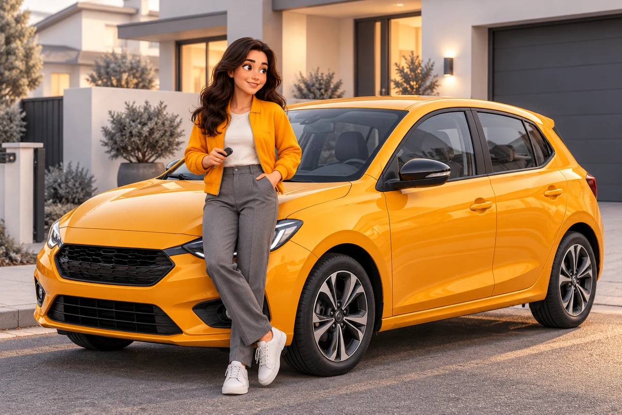 Une jeune conductrice tient sa clé près d’une voiture jaune orangé dans une rue résidentielle.