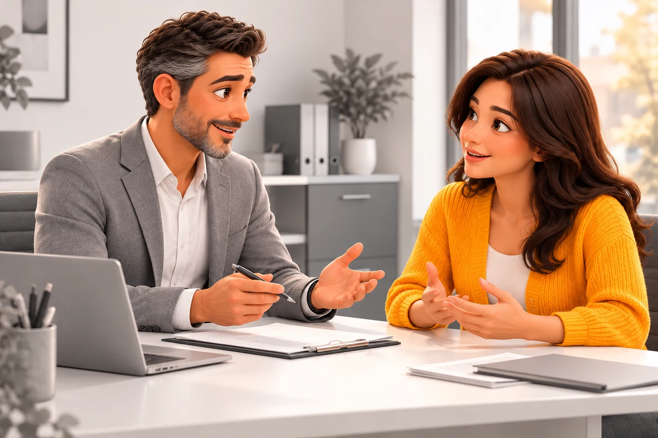 Un conseiller échange avec une cliente et examine ses documents dans un bureau.