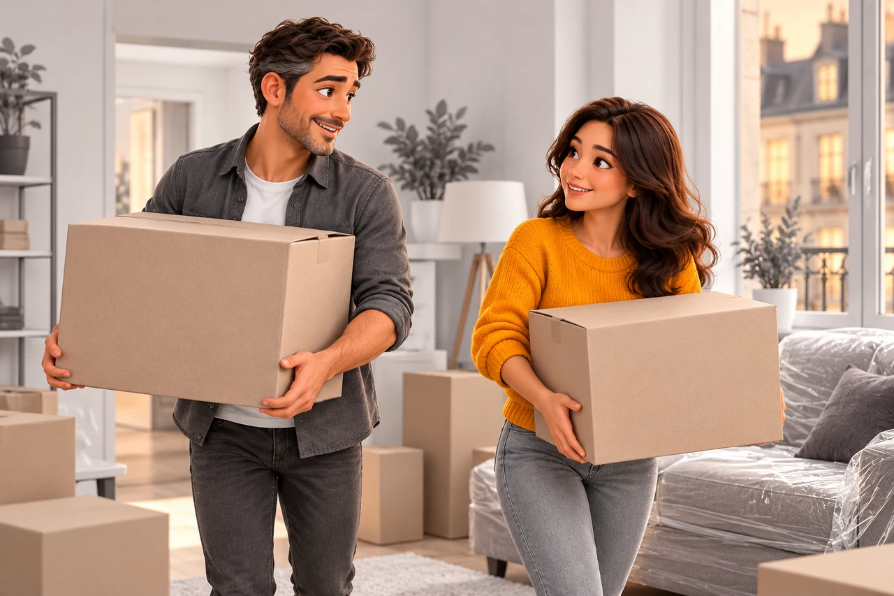 Un couple emménage dans un appartement avec des cartons et du mobilier à installer.