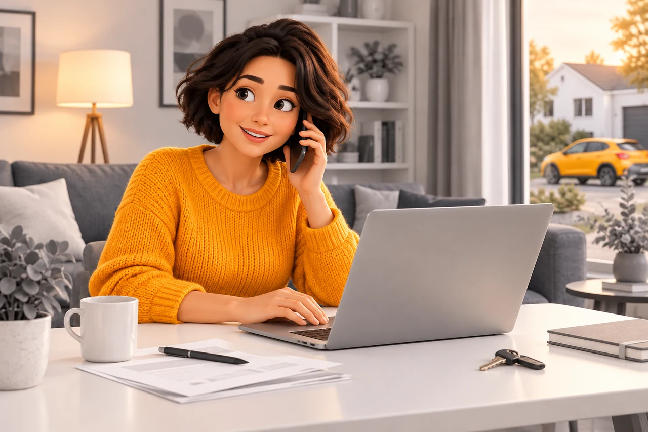 Une personne consulte ses documents et son ordinateur pour une démarche d’assurance depuis son domicile.