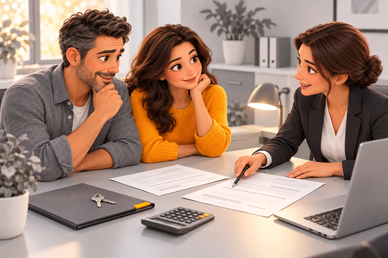 Deux documents, une calculatrice, un stylo et une petite clé sont posés sur un bureau.