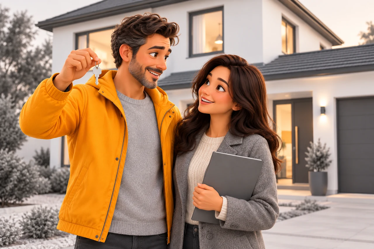 Un couple tient une clé et un dossier devant une maison aux fenêtres éclairées.