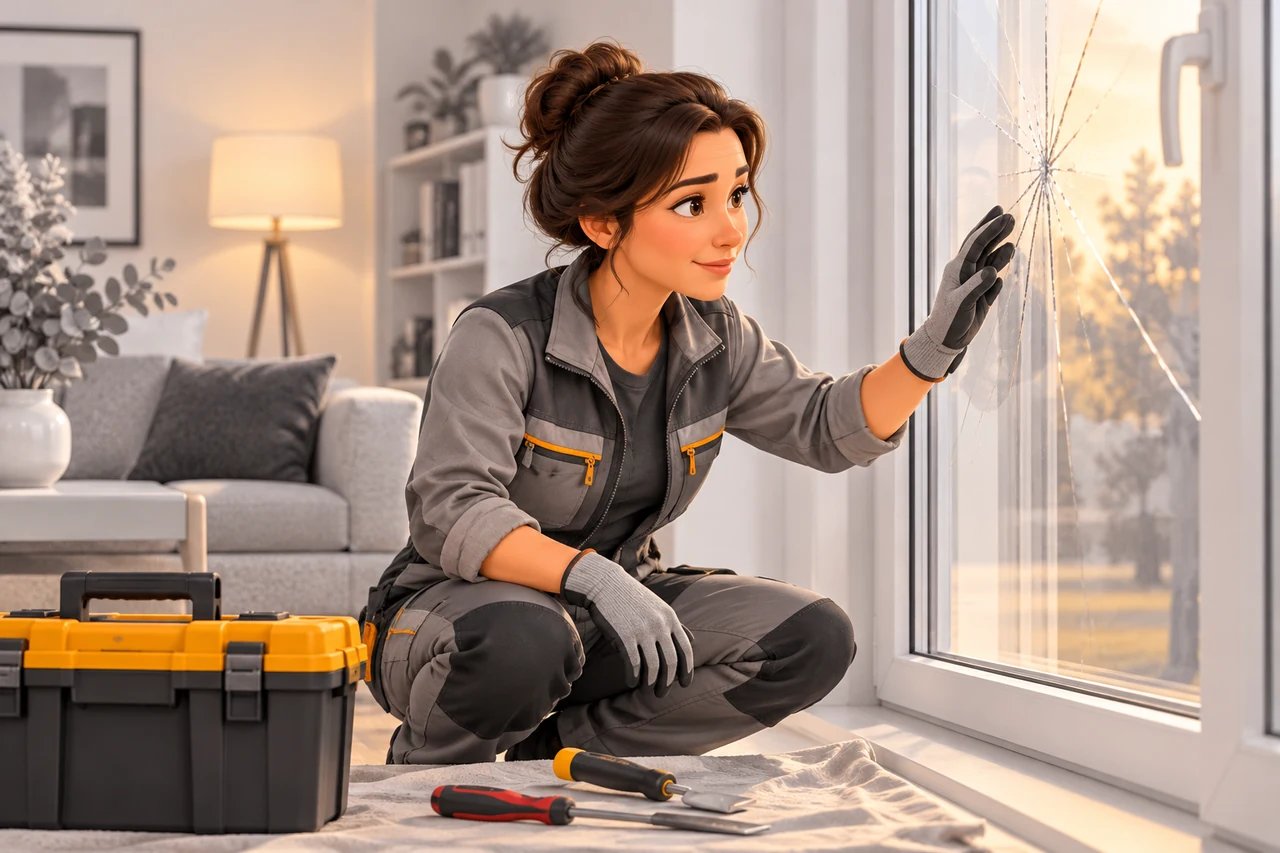 Une vitrière examine une vitre fissurée dans le salon d’un logement.