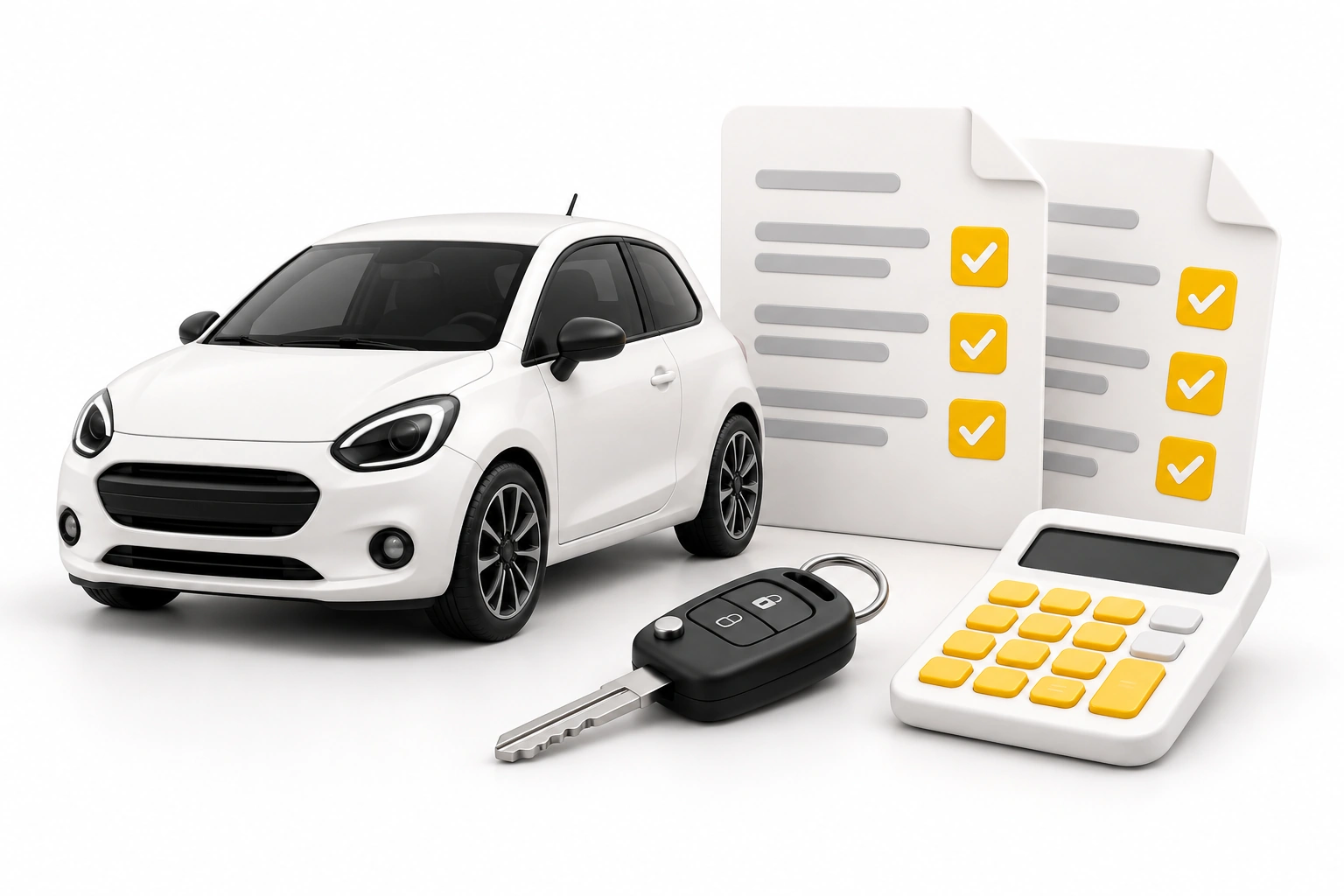 Illustration d’une voiture, de deux propositions d’assurance et d’une calculatrice